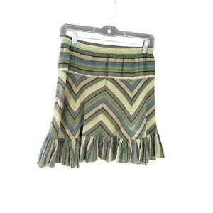 Avatar Green Chevron Striped Boho Mini Skirt Ruffle Hem Elastic Waist Womens S